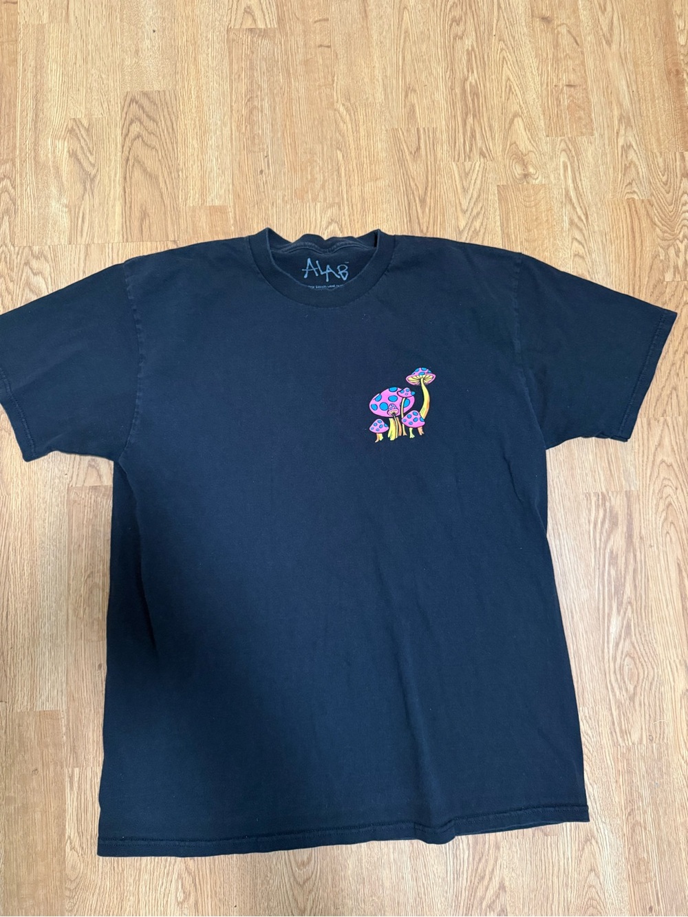 ALAB Black Short Sleeve Graphic Tee with Colorful Mushroom Design
